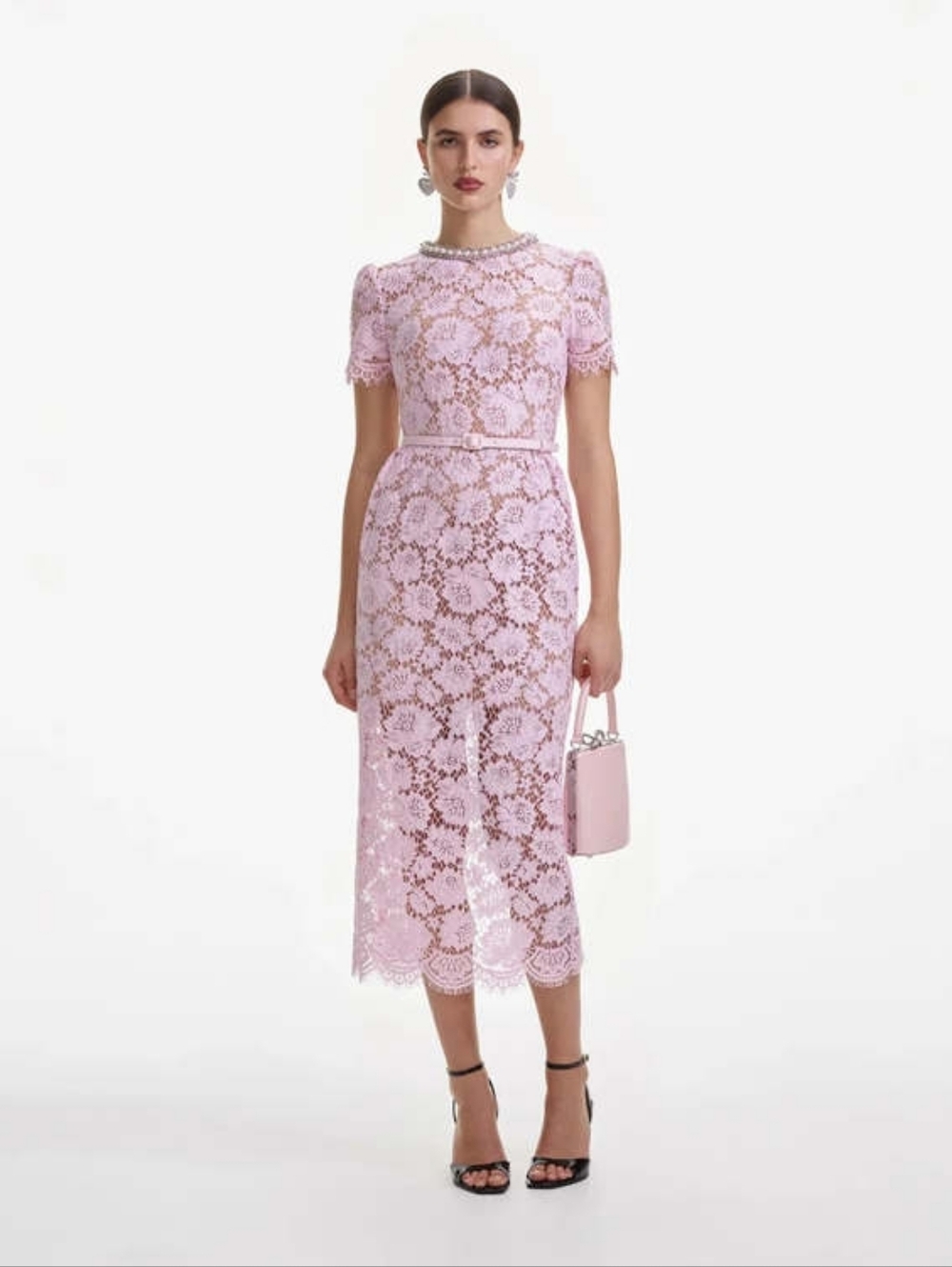 Self Portrait Pink Fine Lace Pearl Midi Dress